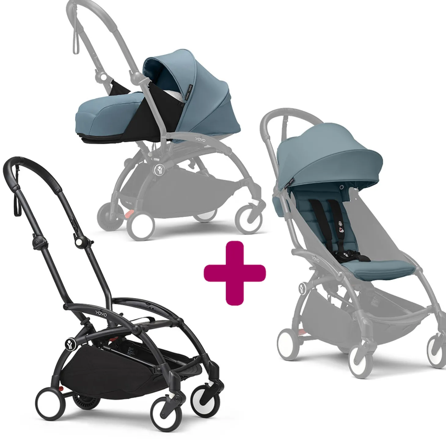 Poussette Yoyo 3 avec pack 0+ nouveau-né et 6+ Aqua Cadre Noir de Stokke