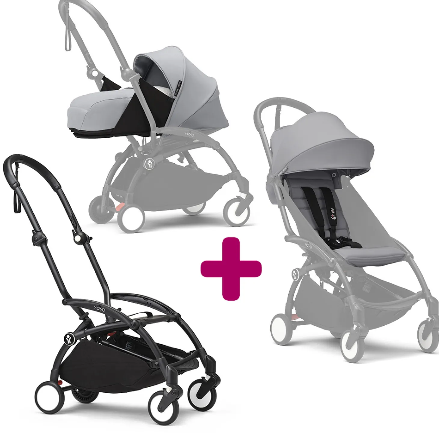 Poussette Yoyo 3 avec pack 0+ nouveau-né et 6+ Stone Cadre Noir de Stokke