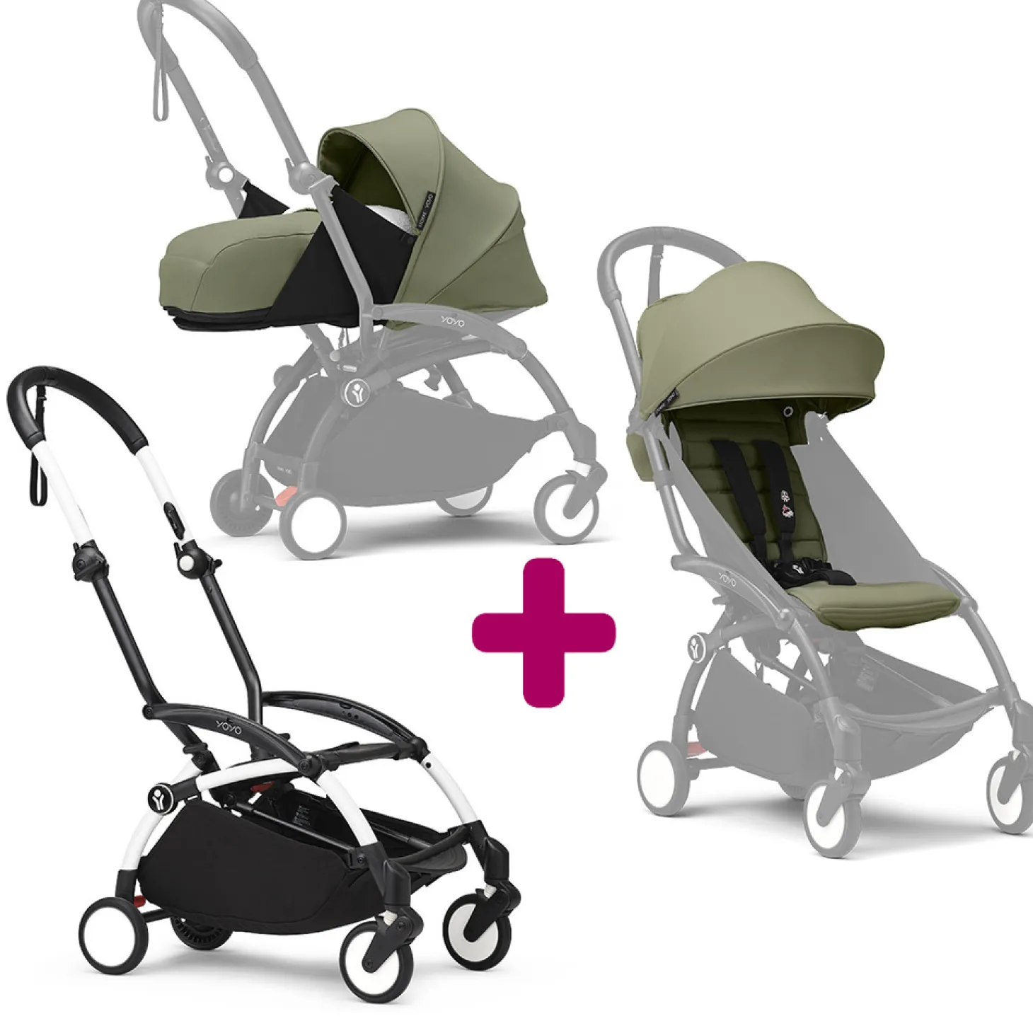 Poussette Yoyo 3 avec pack 0+ nouveau-né et 6+ Olive Cadre Blanc de Stokke