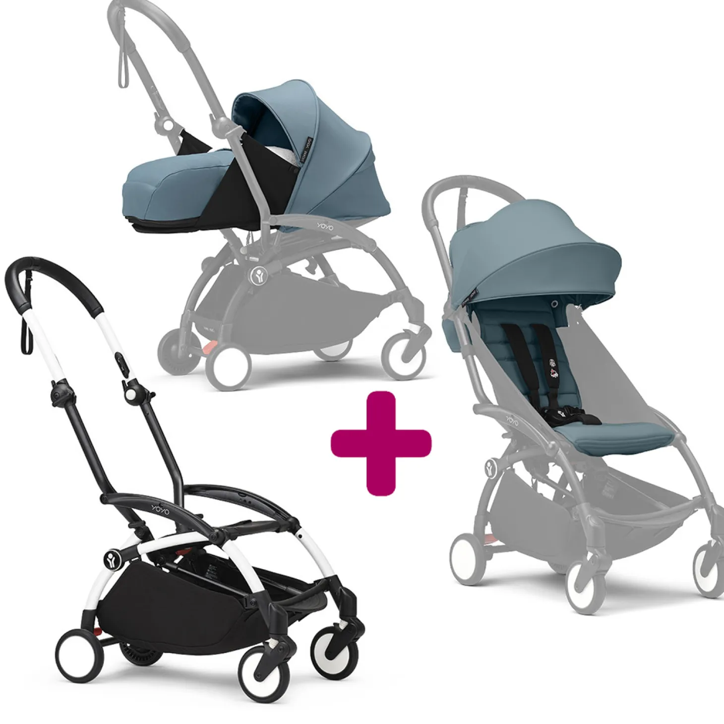 Poussette Yoyo 3 avec pack 0+ nouveau-né et 6+ Aqua Cadre Blanc de Stokke