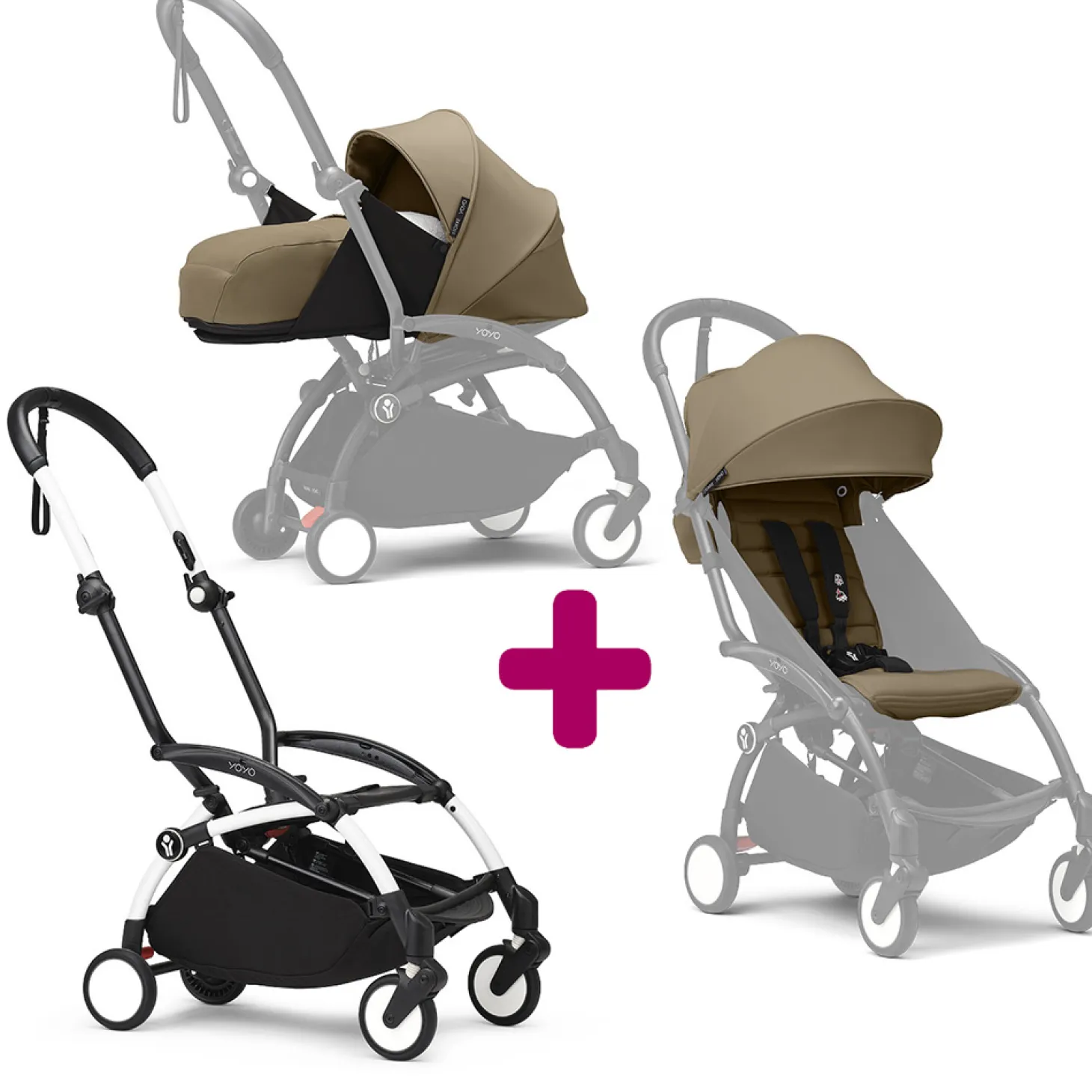 Poussette Yoyo 3 avec pack 0+ nouveau-né et 6+ Toffee Cadre Blanc de Stokke