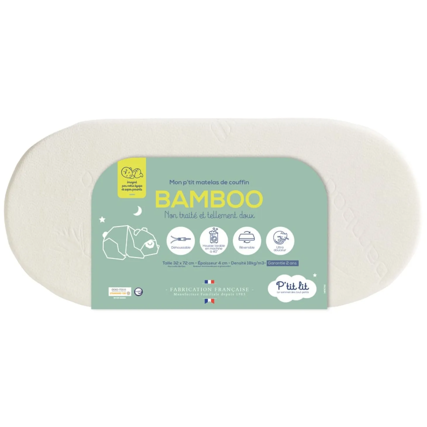 P'tit lit Matelas couffin Bamboo Blanc 32 x 72 cm