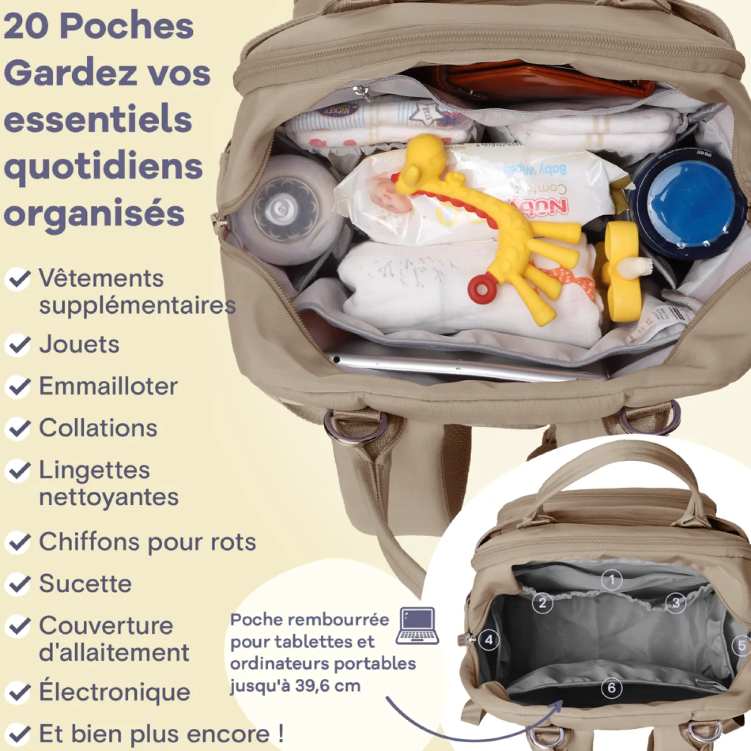 Ruvalino Sac à dos à langer multi-fonctions Beige
