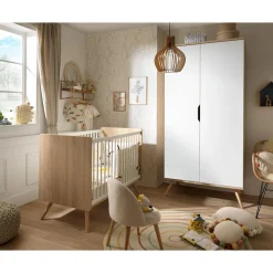 Sauthon Armoire 2 Portes Sixties Bois Chêne doré / Blanc / Hêtre vernis naturel