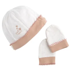 Sauthon                    Bonnet et Moufles Petit Coeur    Beige Chiné/Rose Poudré            Naissance