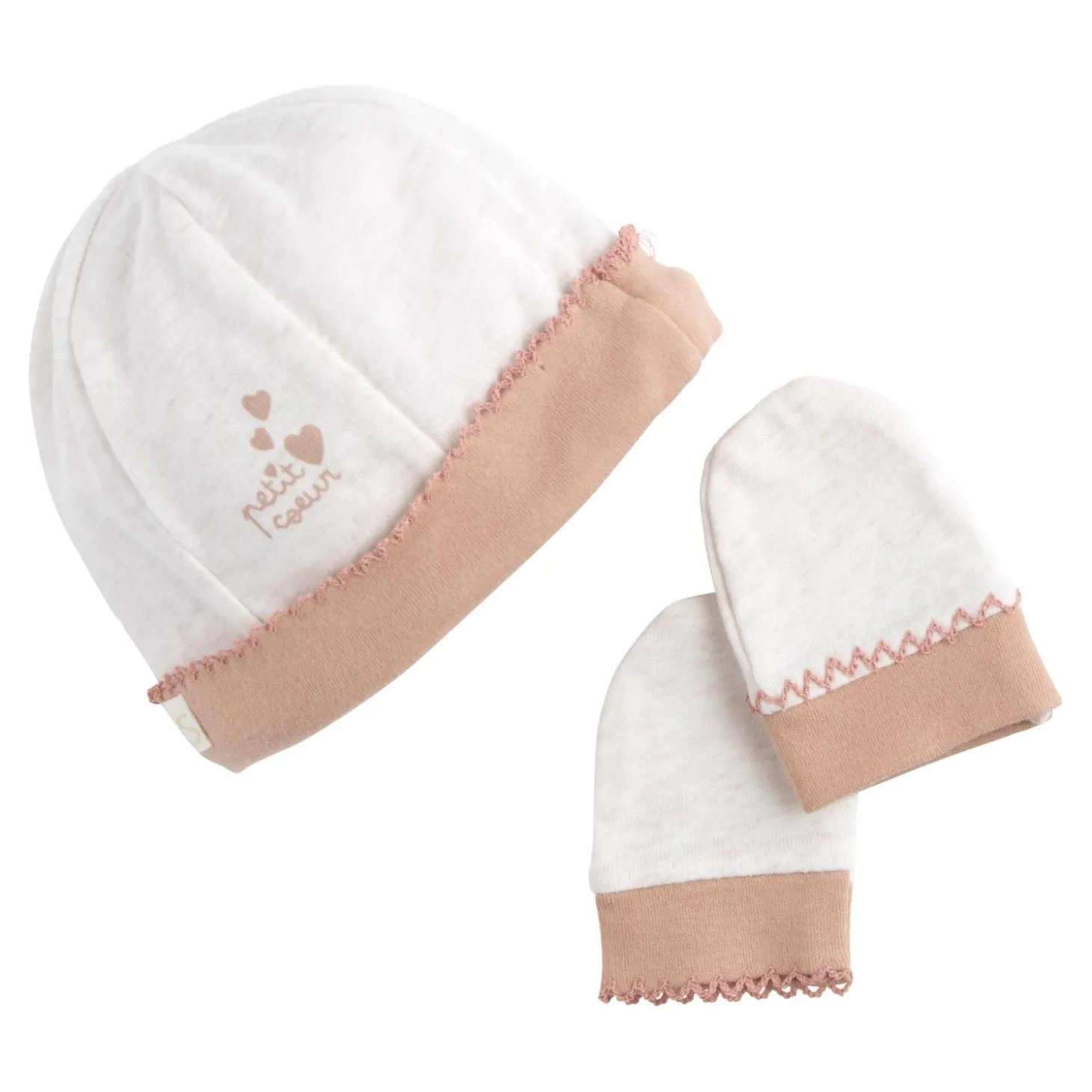 Sauthon Bonnet et Moufles Petit Coeur Beige Chiné/Rose Poudré Naissance