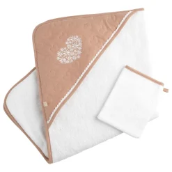 Sauthon                    Cape de bain Plus Gant Petit Coeur    Rose Poudré/Beige Chiné
