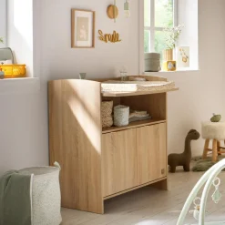 Sauthon Commode 2 porte Azur avec dispositif à langer Chêne Doré