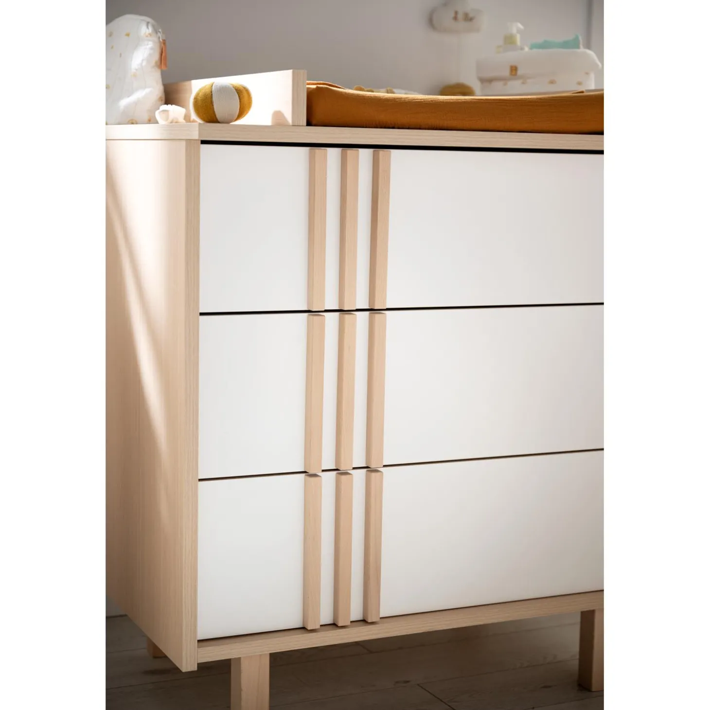 Sauthon Commode 3 tiroirs Nature Chêne Velours - Blanc
