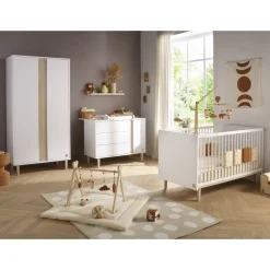 Sauthon Commode 3 tiroirs 1 porte Paloma Blanc Neige/Chêne Strié Sépia/Hêtre Vernis