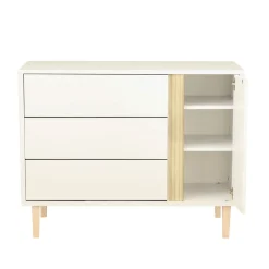 Sauthon Commode 3 tiroirs 1 porte Paloma Blanc Neige/Chêne Strié Sépia/Hêtre Vernis