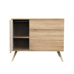 Sauthon Commode 3 tiroirs 1 porte Seventies Chêne Doré - Vanille - Hêtre Vernis Naturel
