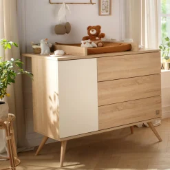 Sauthon                    Commode 3 tiroirs 1 porte Seventies    Chêne Doré - Vanille - Hêtre Vernis Naturel
