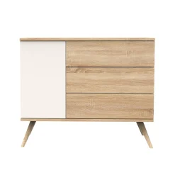 Sauthon                    Commode 3 tiroirs 1 porte Seventies    Chêne Doré - Vanille - Hêtre Vernis Naturel