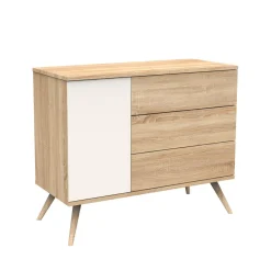 Sauthon                    Commode 3 tiroirs 1 porte Seventies    Chêne Doré - Vanille - Hêtre Vernis Naturel