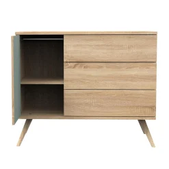 Sauthon Commode 3 tiroirs 1 porte Seventies Chêne Doré - Sauge - Hêtre Vernis Naturel