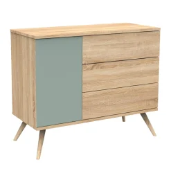 Sauthon Commode 3 tiroirs 1 porte Seventies Chêne Doré - Sauge - Hêtre Vernis Naturel