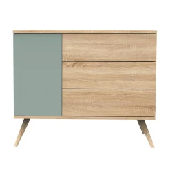 Sauthon Commode 3 tiroirs 1 porte Seventies Chêne Doré - Sauge - Hêtre Vernis Naturel