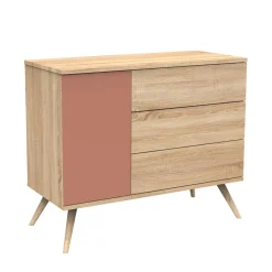Sauthon Commode 3 tiroirs 1 porte Seventies Chêne Doré - Terracotta - Hêtre Vernis Naturel