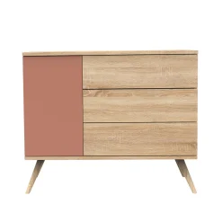 Sauthon                    Commode 3 tiroirs 1 porte Seventies    Chêne Doré - Terracotta - Hêtre Vernis Naturel