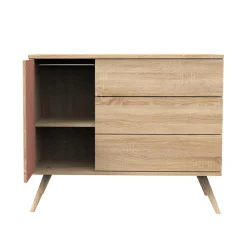 Sauthon                    Commode 3 tiroirs 1 porte Seventies    Chêne Doré - Terracotta - Hêtre Vernis Naturel
