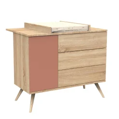 Sauthon                    Commode 3 tiroirs 1 porte Seventies    Chêne Doré - Terracotta - Hêtre Vernis Naturel
