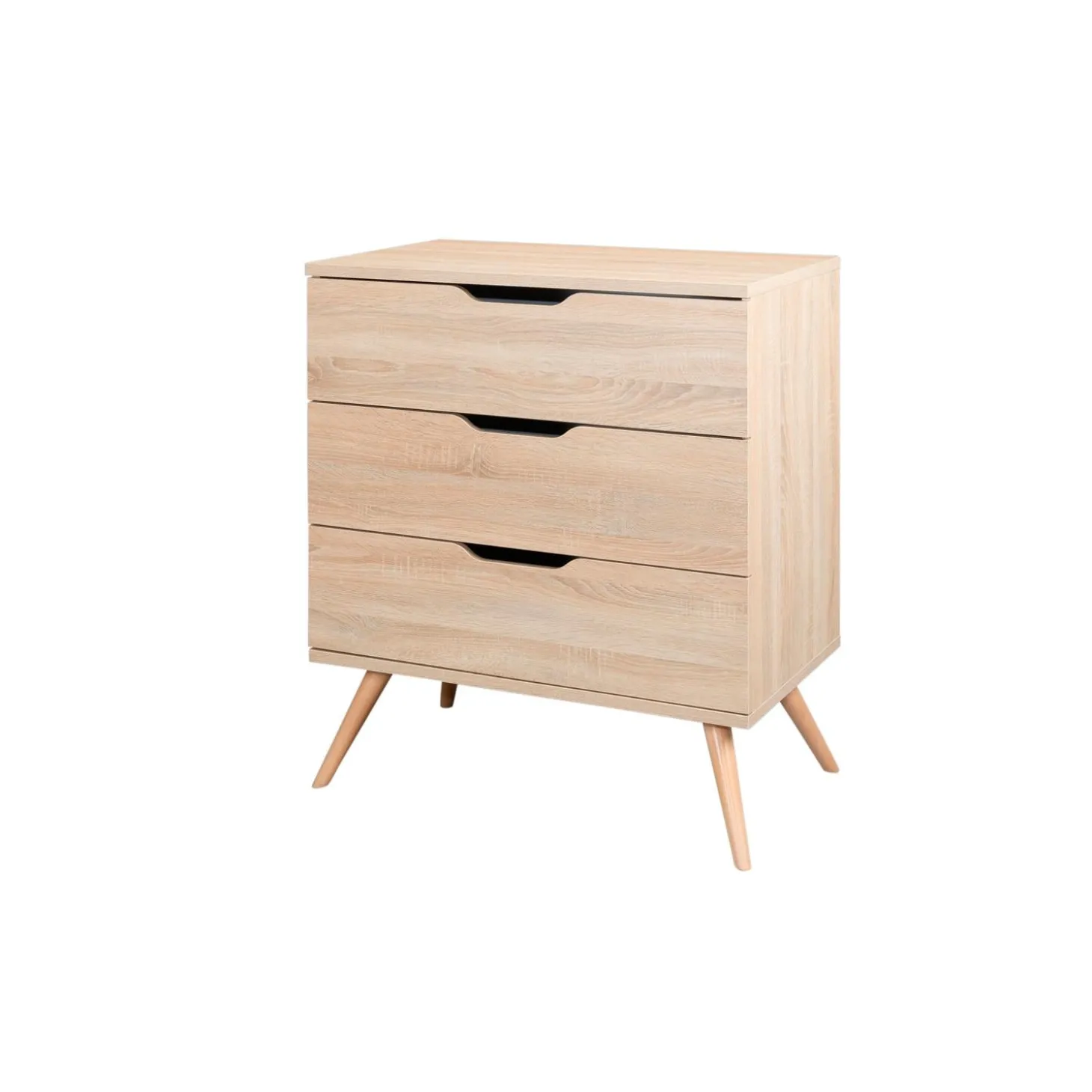 Sauthon Commode 3 Tiroirs Sixties Bois Chêne doré / Hêtre vernis naturel