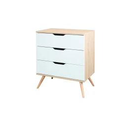 Sauthon Commode 3 Tiroirs Sixties Bois Chêne doré / Blanc / Hêtre vernis naturel