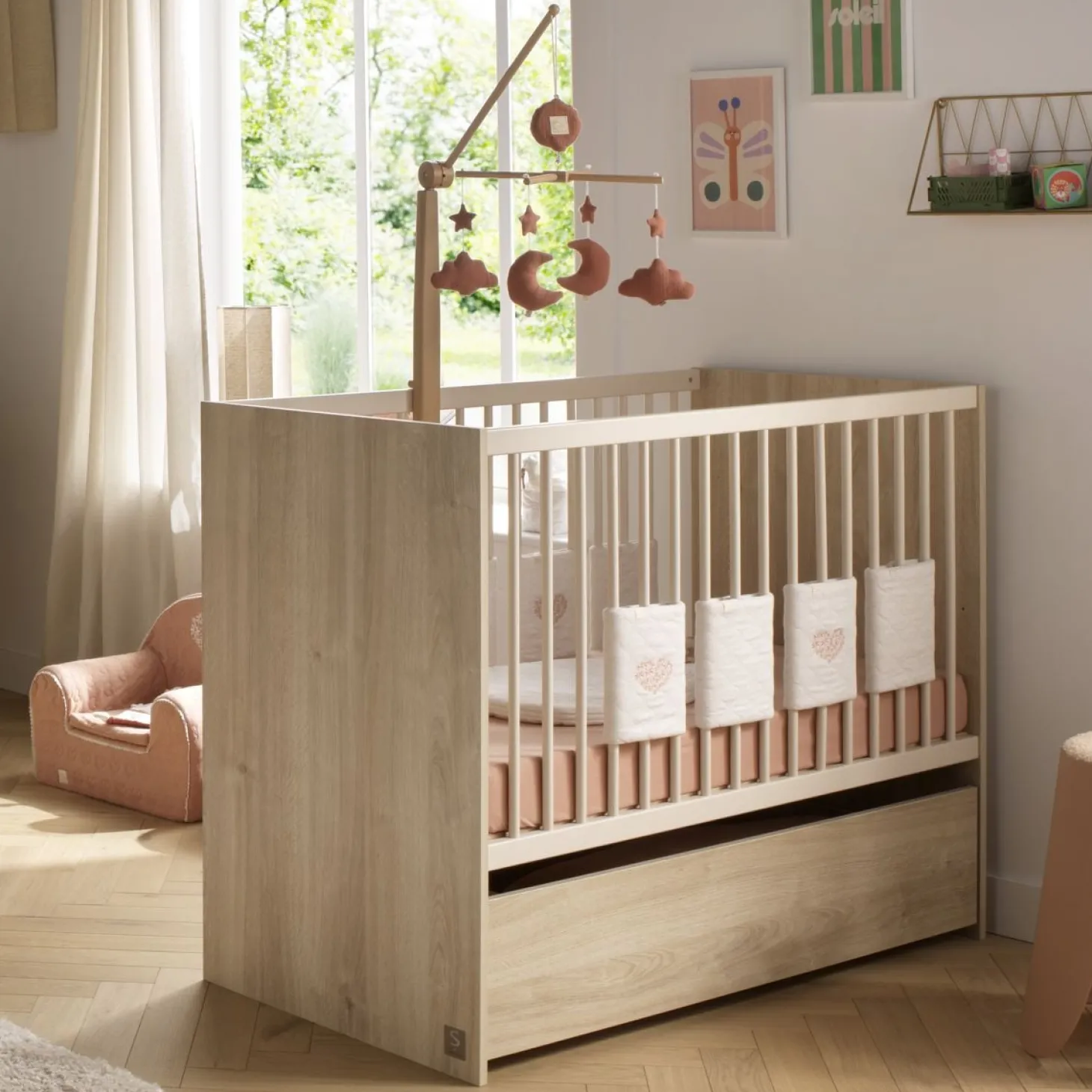 Sauthon Lit bébé Paloma bois Chêne Sépia/Beige Ficelle 60x120 cm