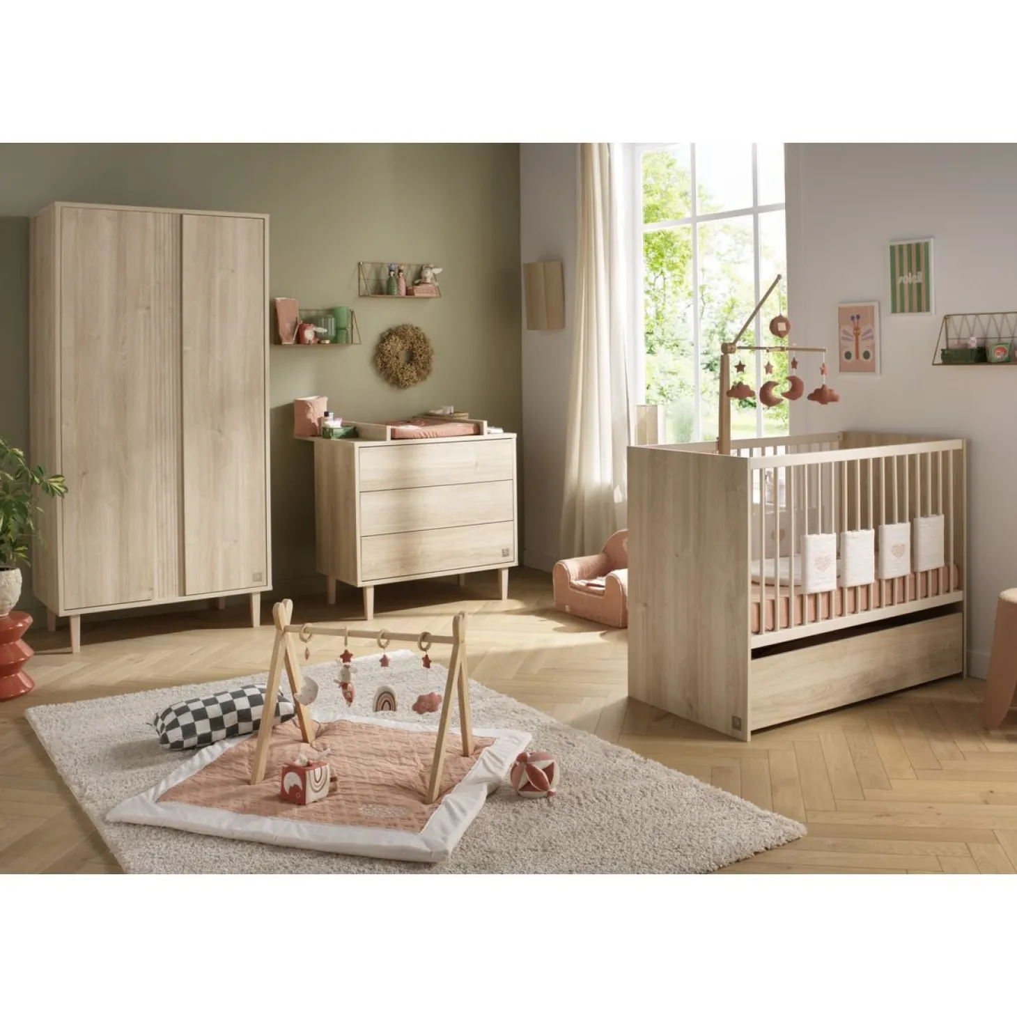 Sauthon Lit bébé Paloma bois Chêne Sépia/Beige Ficelle 60x120 cm