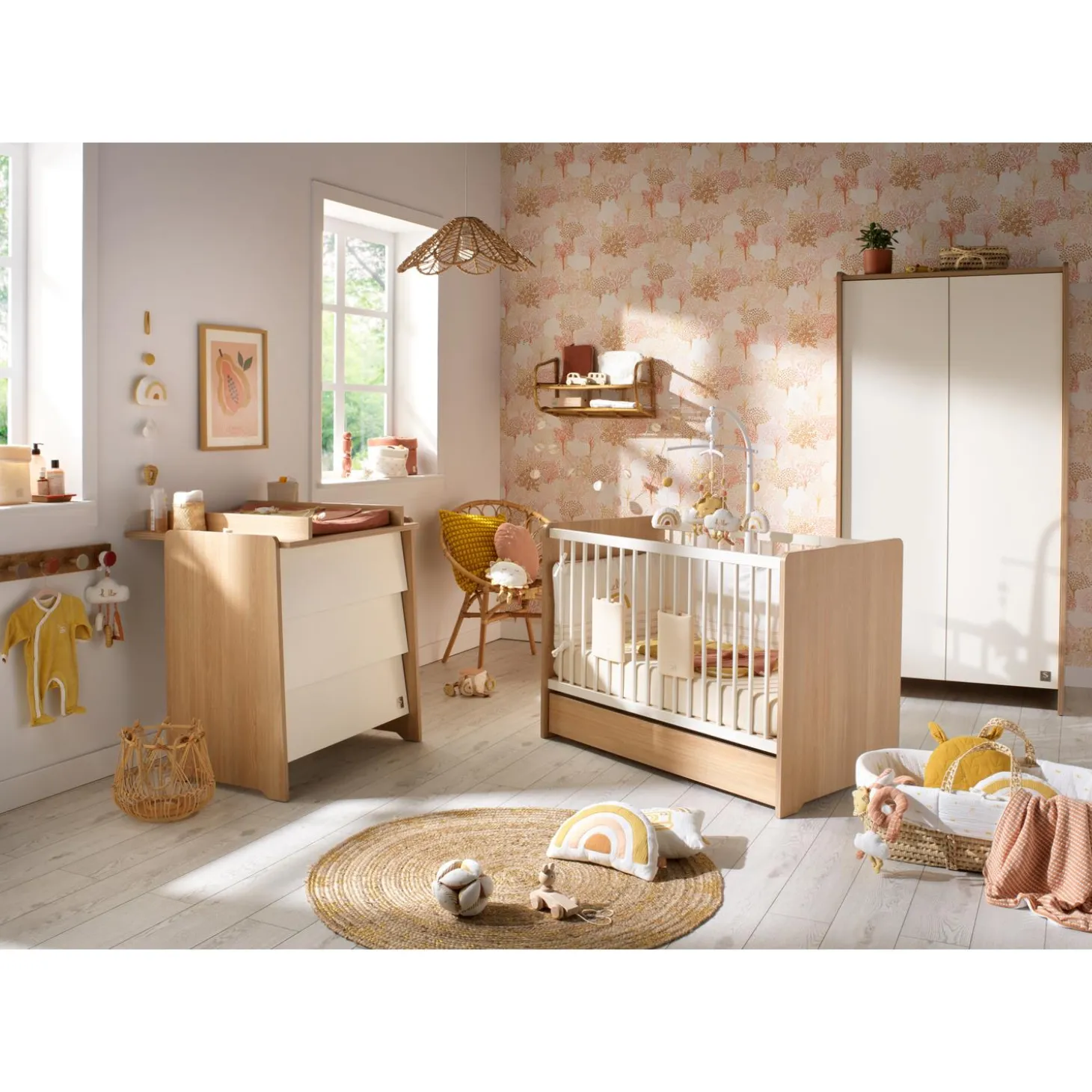 Sauthon Lit bébé vanille Chêne Miel - Meringue 60x120 cm