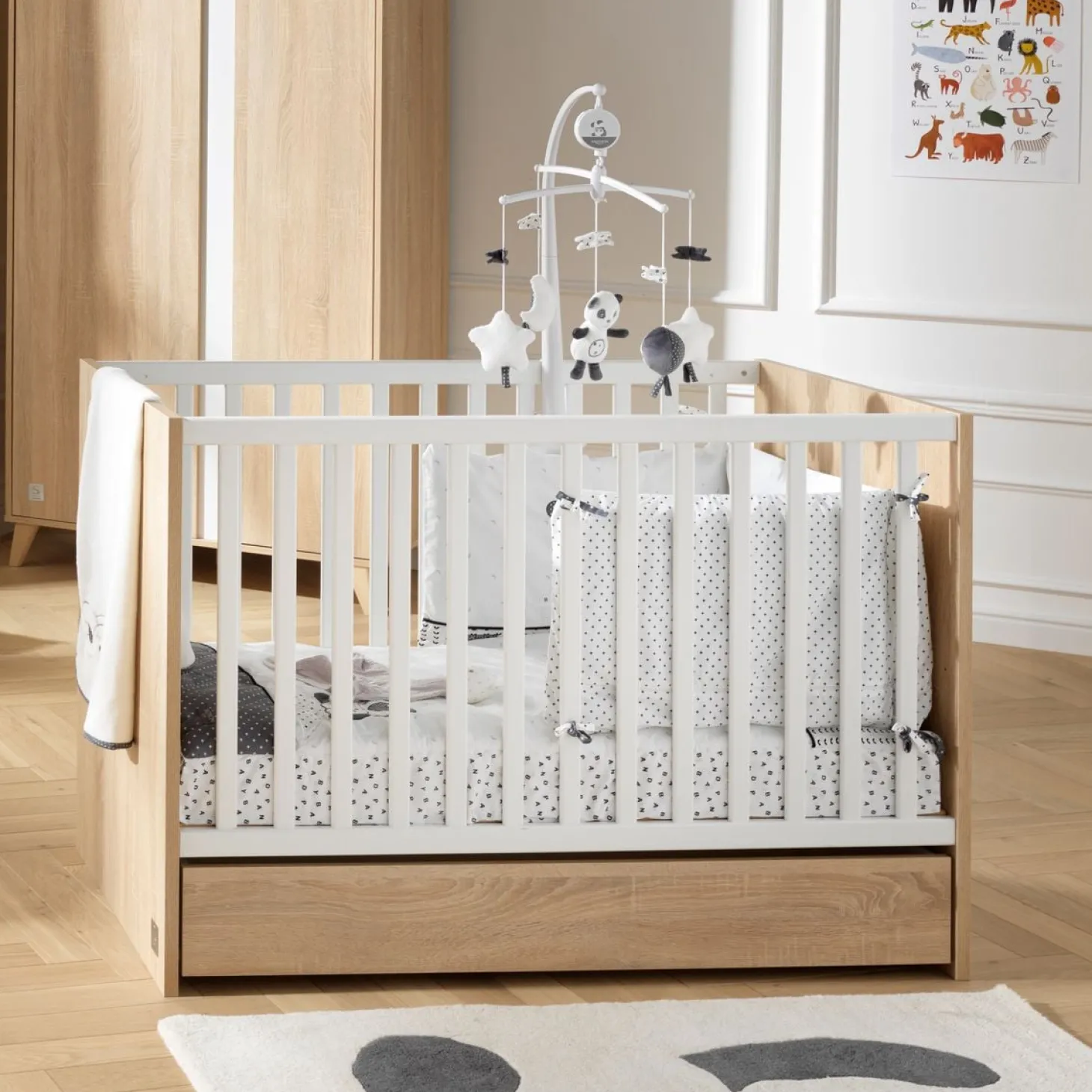 Sauthon LIT BEBE 120x60 ROSE Chêne Doré - Blanc Lin 60x120 cm