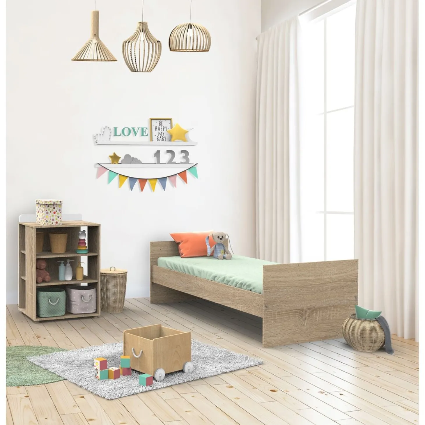 Sauthon Lit combiné évolutif Nova Chêne Doré - Blanc Lin 60x120 cm