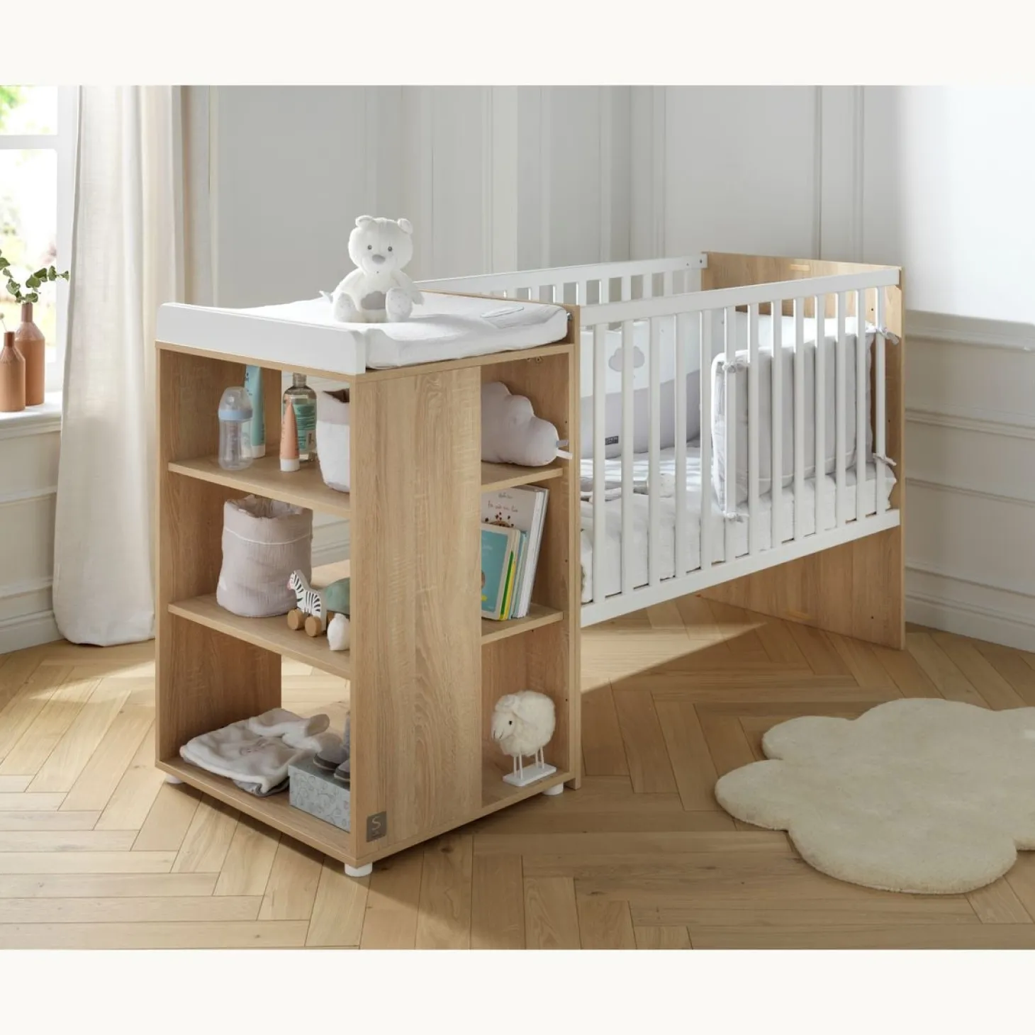 Sauthon Lit combiné évolutif Nova Chêne Doré - Blanc Lin 60x120 cm