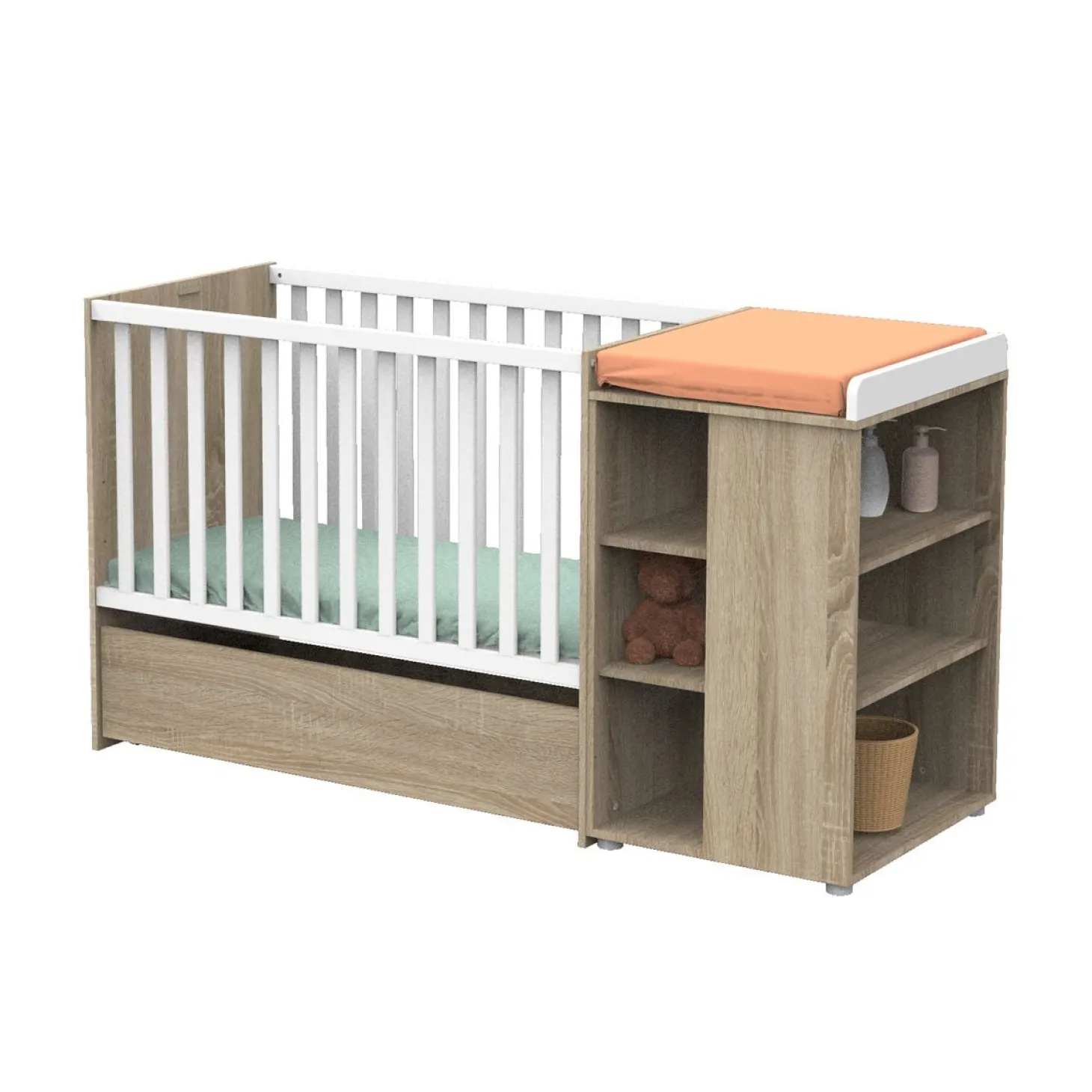 Sauthon Lit combiné évolutif Nova Chêne Doré - Blanc Lin 60x120 cm
