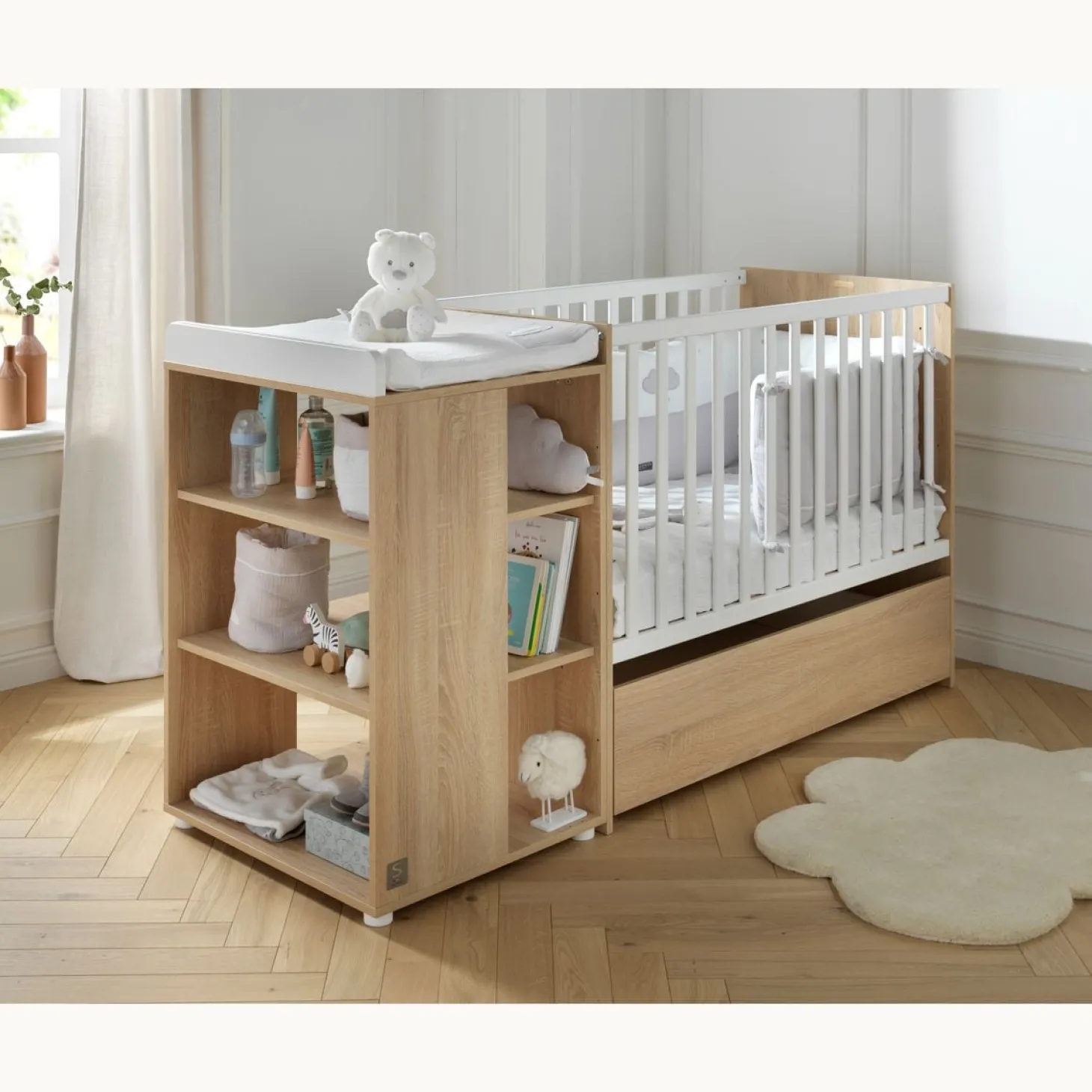 Sauthon Lit combiné évolutif Nova Chêne Doré - Blanc Lin 60x120 cm