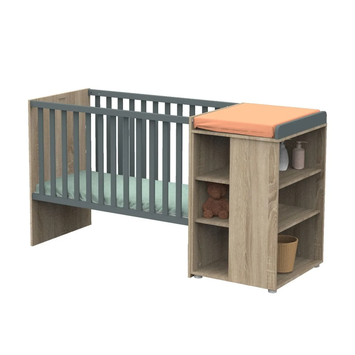 Sauthon Lit combiné évolutif Nova Chêne Doré - Gris Volcan 60x120 cm