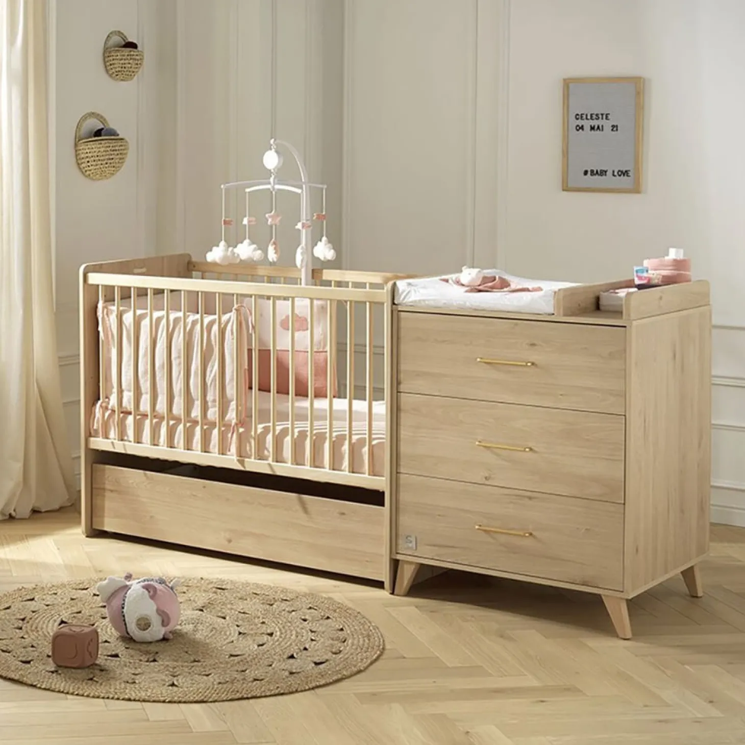 Sauthon Lit Combiné évolutif réversible Arty Chêne Suave/Hêtre Vernis Naturel 60x120 cm / 90x190 cm