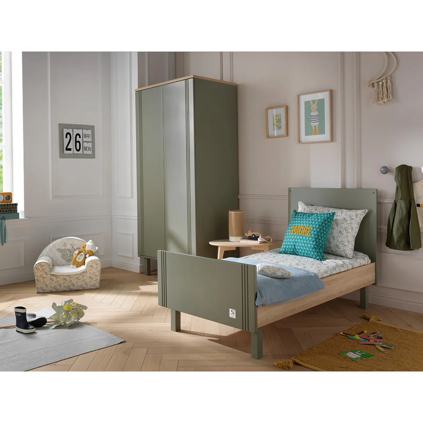 Sauthon Little big bed Eléonore Kaki - Chêne Doré 70x140 cm