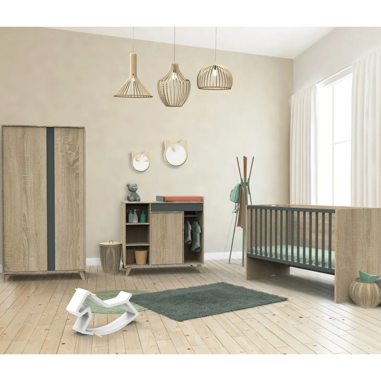 Sauthon Lit 140x70 évolutif en 90x200 et 140x200 Nova Chêne Doré - Gris Volcan 70x140 cm