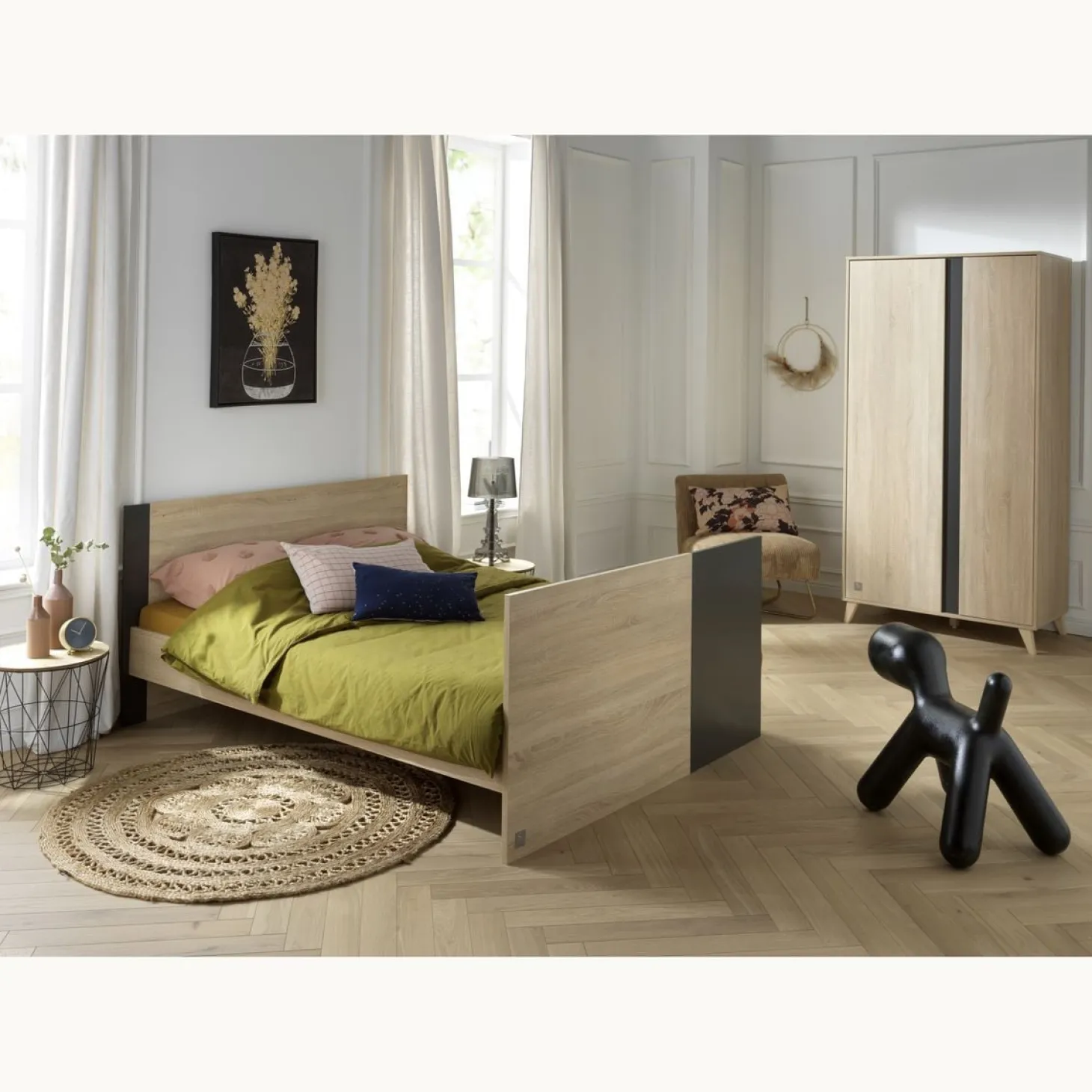 Sauthon Lit 140x70 évolutif en 90x190 et 140x190 Nova Chêne Doré - Gris Volcan 70x140 cm