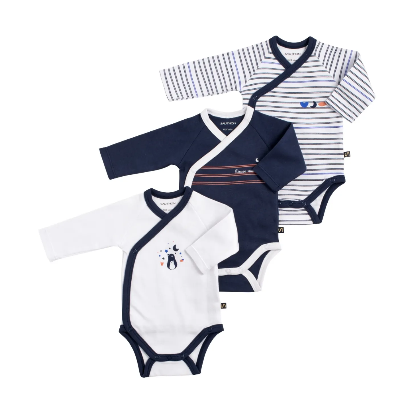 Sauthon Lot de 3 bodies Baby Sailor Bleu