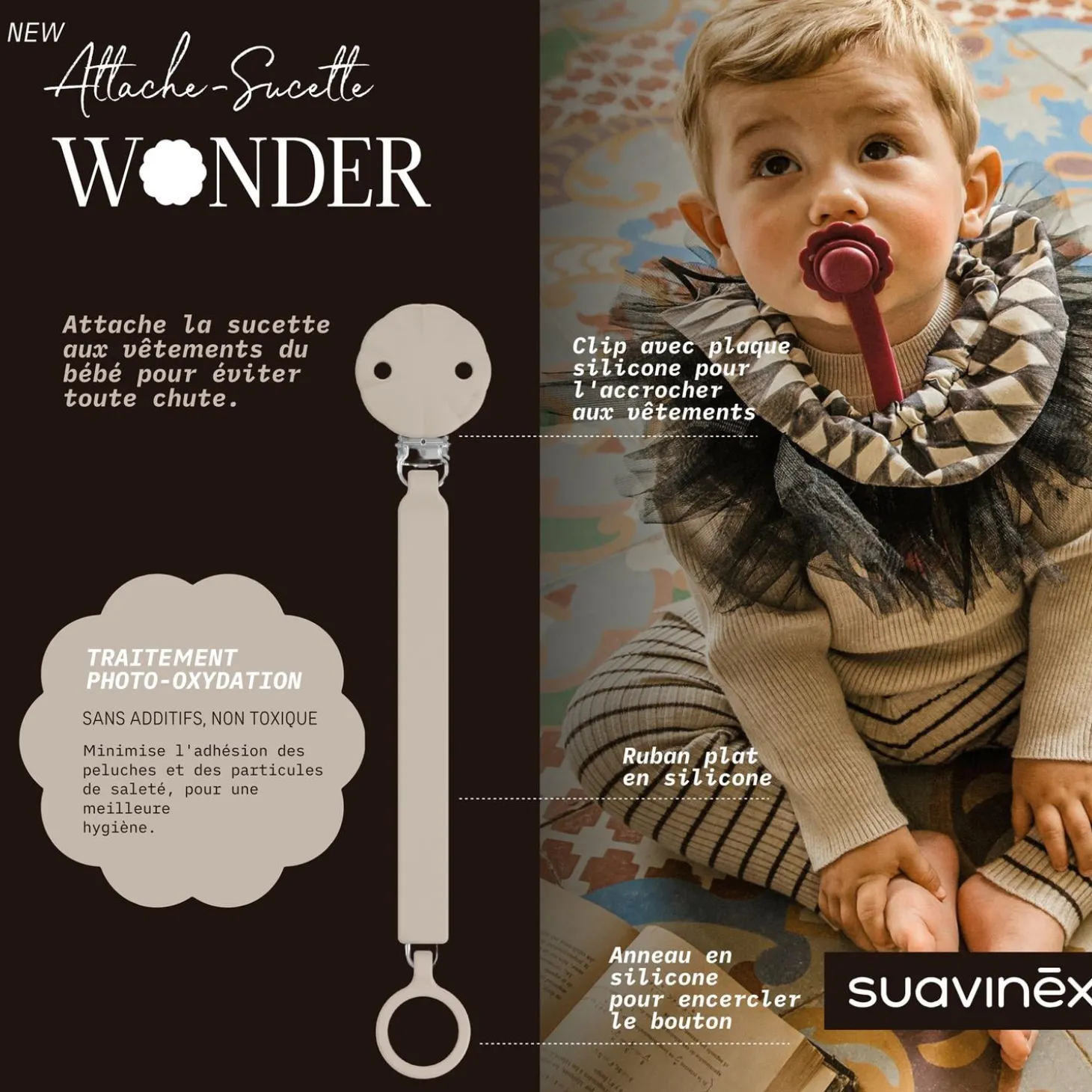 Suavinex Attache sucette silicone Wonder Gray Cloud