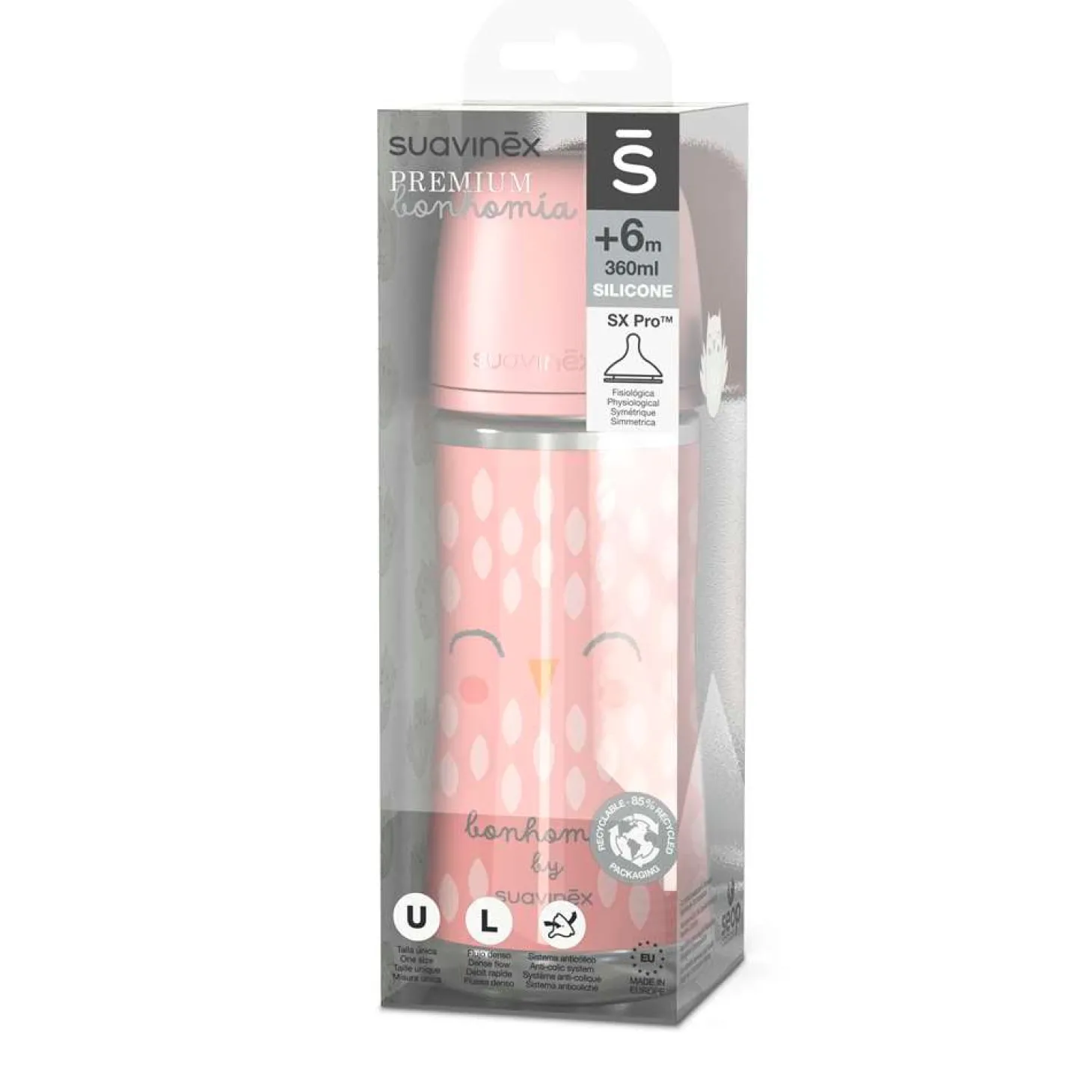 Suavinex Biberon Bonhomia avec tétine Sxpro L Rose 360 ml