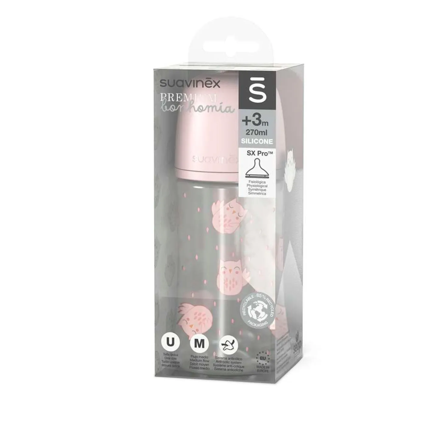 Suavinex Biberon Bonhomia avec tétine Sxpro M Rose 270 ml