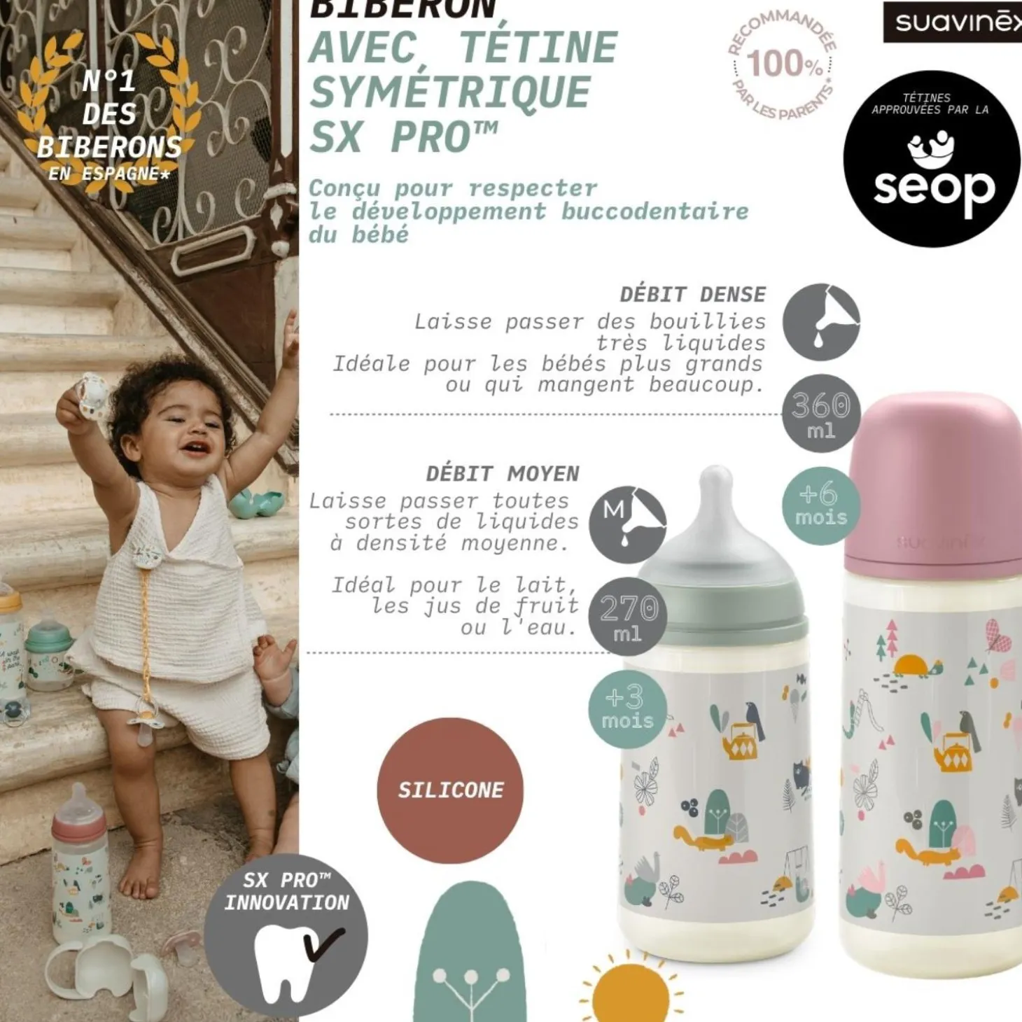 Suavinex Biberon tetine walk in the park Rose 270 ml