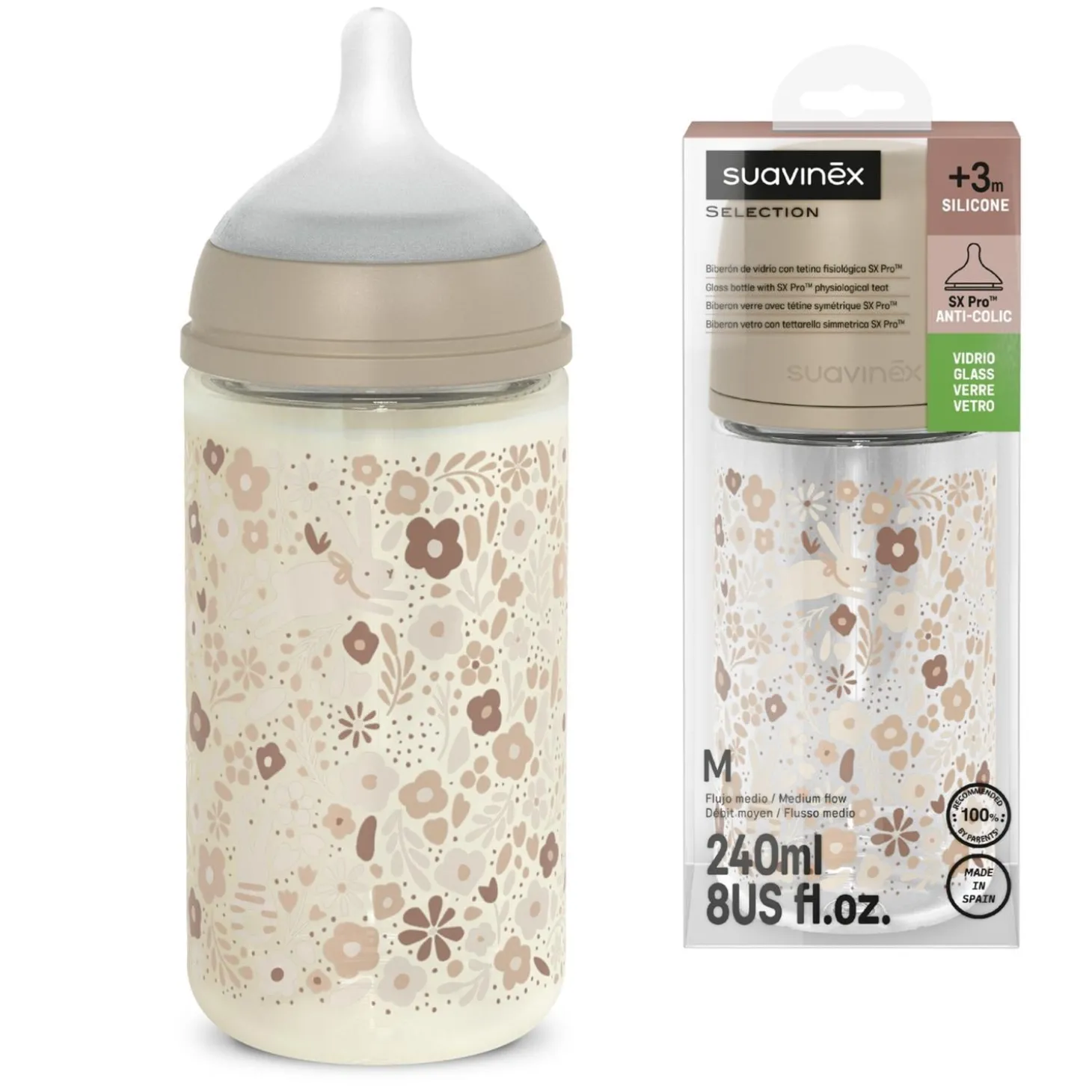 Suavinex Biberon Verre Tetine Sxpro M Wonderland Lapins Beige 240 ml