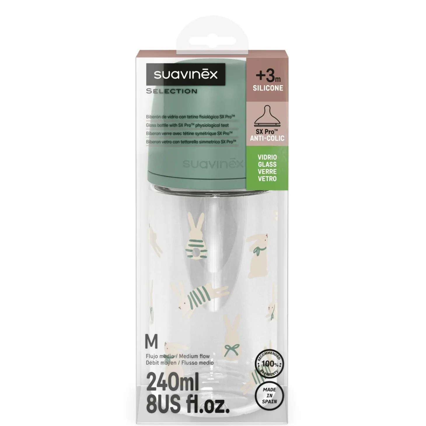 Suavinex Biberon Verre Tetine Sxpro M Wonderland Lapins Vert 240 ml