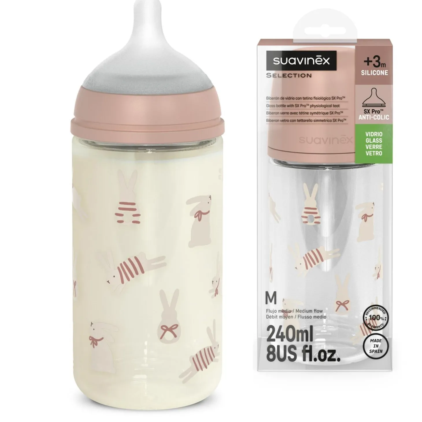 Suavinex Biberon Verre Tetine Sxpro M Wonderland Lapins Rose 240 ml