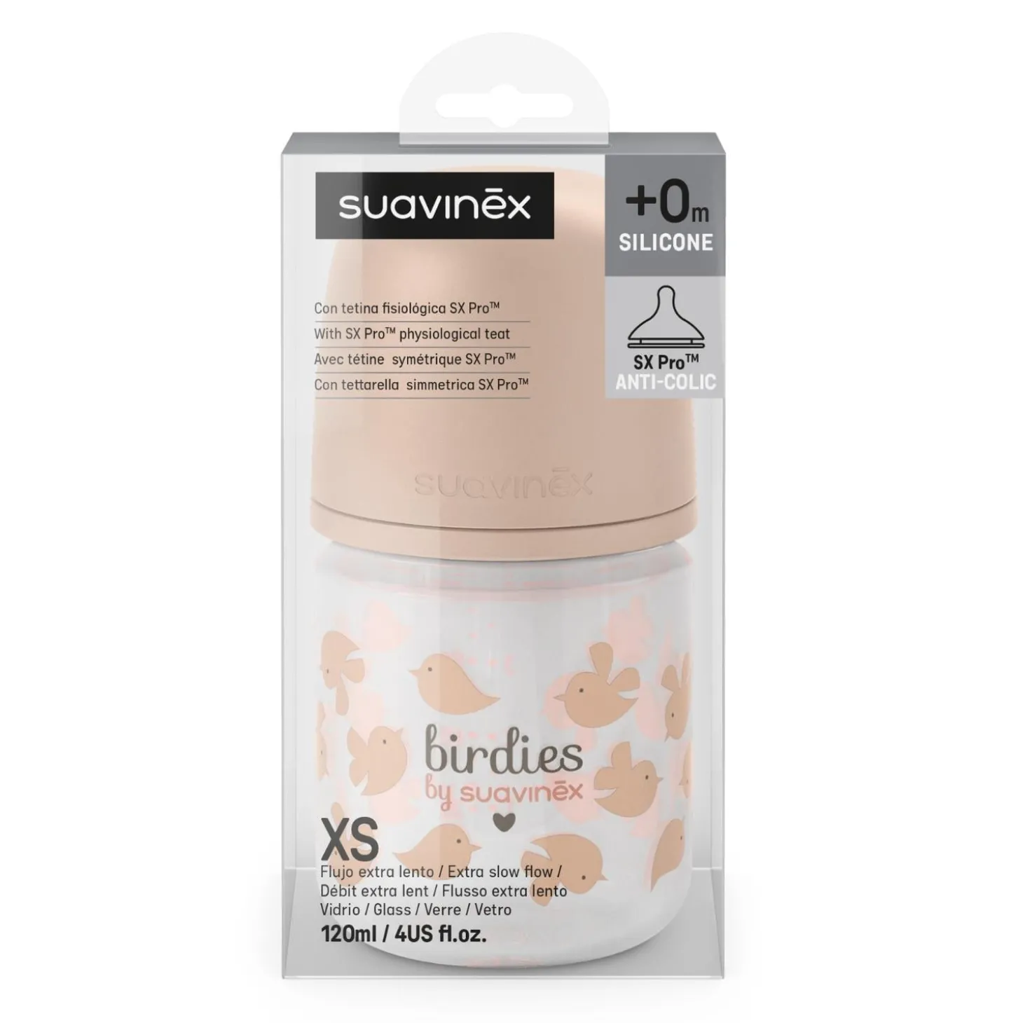 Suavinex Biberon Verre Tétine Sxpro XS Birdies Rose 120 ml